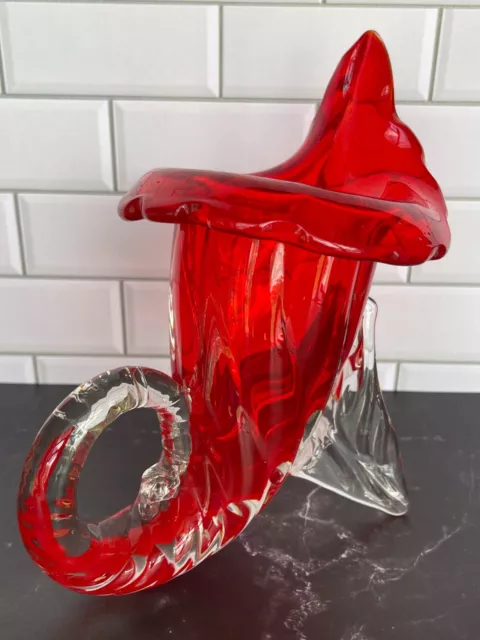 Vintage Murano - Large Cornucopia Art Glass Vase 20cm Mid Century - Red