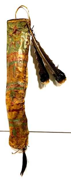 Antique Quiver Parflech With Feathers; Hand Painted, HorseHair