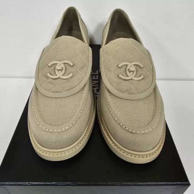Chanel 23S Cotton Beige Quilted Turnlock CC Gold Logo Loafers 36.5-41 EUR sizes