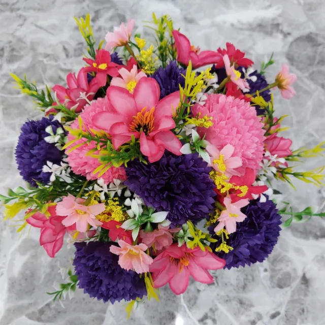 Pink Dahlia & Purple Carnations | Artificial Flower Pot | Grave/Memorial/Crem