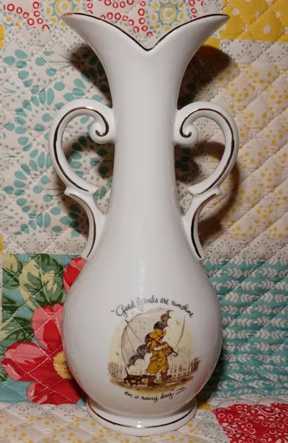 HOLLY HOBBIE Vase Good Friends Sunshine Rainy Day Gold Trim Vintage 80s Flower