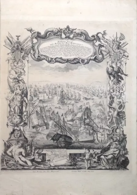 Stampa antica Battaglia navale Malaga Spagna Decker Corvinus 1720 2