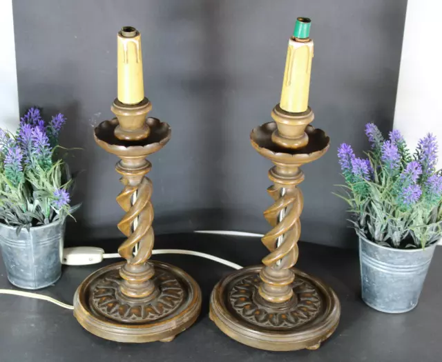pair vintage barley twist wood carved table lamps