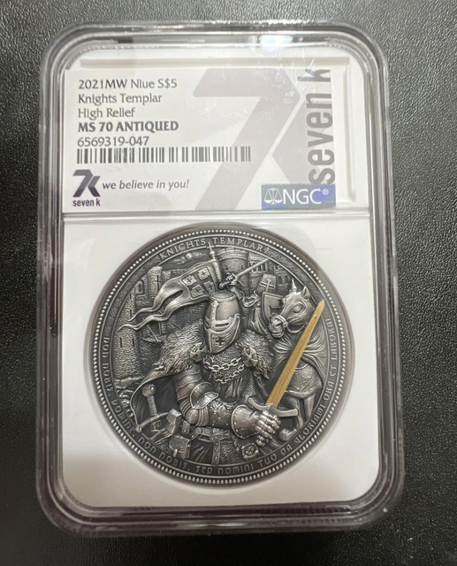 2021 2 Oz Silver $5 Niue Assassins KNIGHTS TEMPLAR High Relief MS70 Antiqued