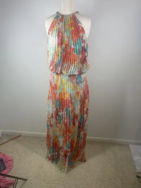 MSK Tropical Print Pleated Halter Maxi Dress Keyhole Neck Beach Cruise Size 14