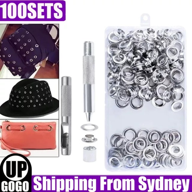 100x Leather Eyelets Grommet Tool Kit + Die Punch Tool Rings Banner Leathercraft