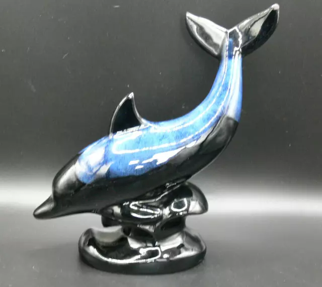 Blue Mountain Pottery Leaping Dolphin 12cm Blue/Green Black Drip Glaze