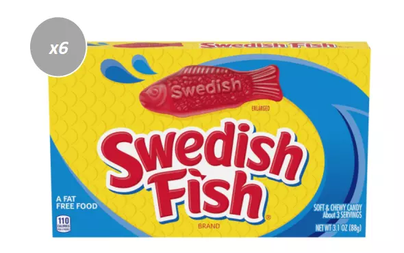 904945 6 x 88g THEATRE BOXES OF SWEDISH FISH AM I GETTING RED? SOFT CHEWY CANDY