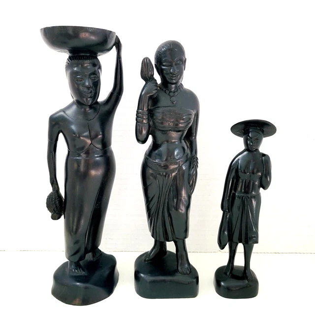 VINTAGE 3 PC African Figure Sculpture Tribal Art Ebony Black Wood