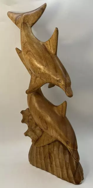 Vintage Hand Carved Wooden Dolphins Sculpture Ornament 31cm High 2