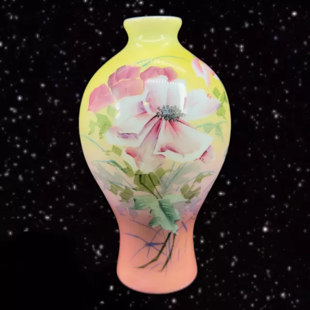 Vintage Hand Painted Milk Glass Vase Floral 1950s Glass Vessel Tall 10”T 2”W