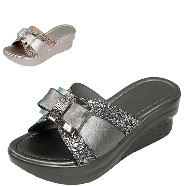 Women's Summer Bling Bow Slipper Shoes Wedges Platform Casual Slingbacks Sandals 3