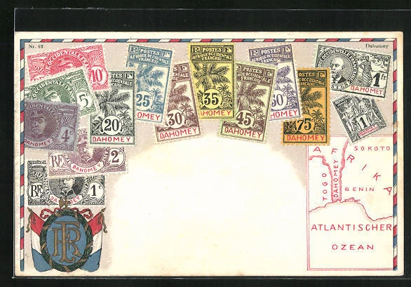 Präge-AK Briefmarken aus Dahomey mit Wappen