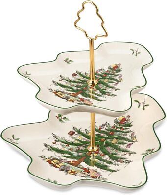 Servidor de 2 niveles esculpido árbol de Navidad Spode, 8"" y 10"", marfil/verde