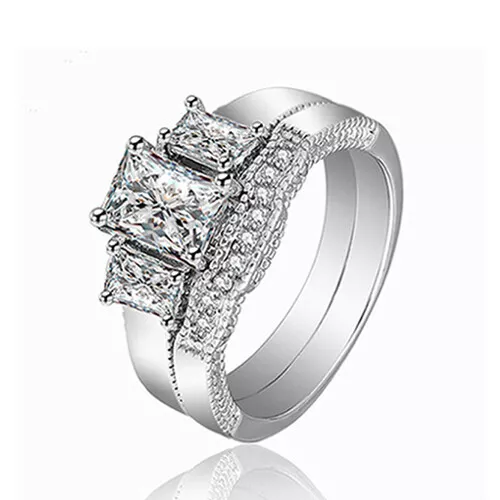 2Pcs Set Real 925 Sterling Silver Ring Cubic Zirconia Women's Engagement Wedding