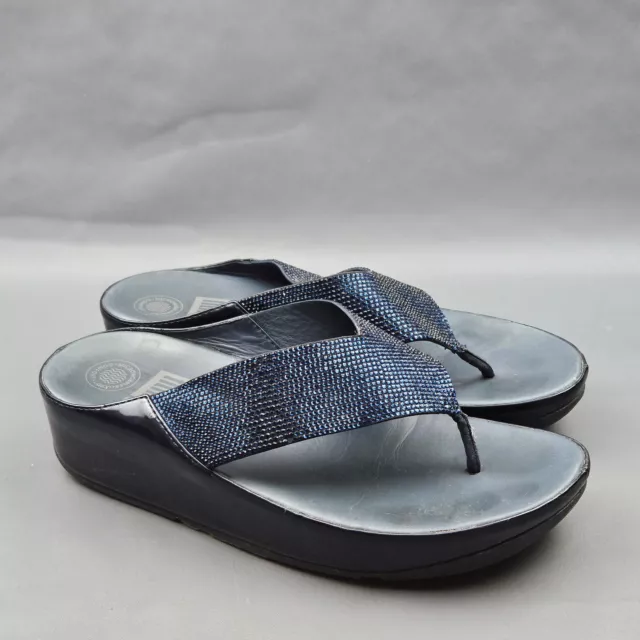 FitFlop Crystall Womens Sandals 7 Blue Patent Leather Rhinestone Flip Flops