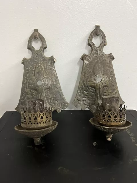 Pair Antique Gothic Mission Sconces Hammered Aesthetic