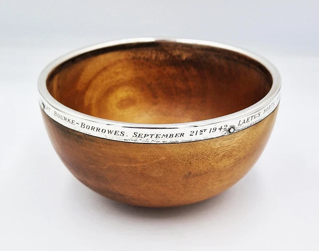 Antique STERLING SILVER RIMMED WOODEN CHRISTENING BOWL Sheffield 1942
