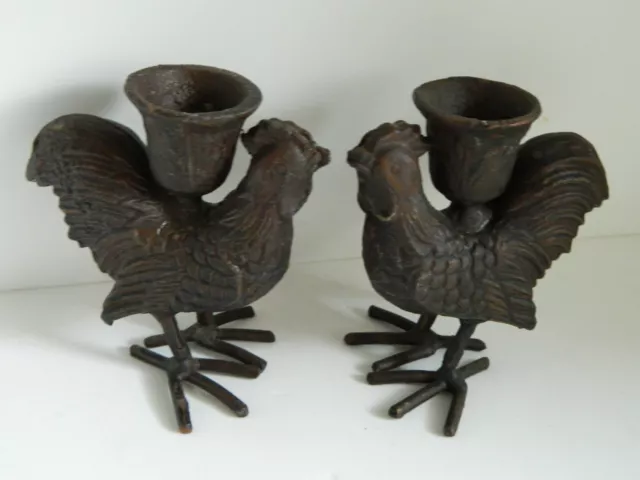 Pair of 4-1/2” Rustic Cast Iron Rooster Chicken Taper Candle Holders Primitive