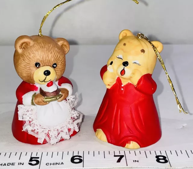 Jasco Bell Christmas Bear Ornaments Lot Lil Chimer Bisque Lace Claus Vintage