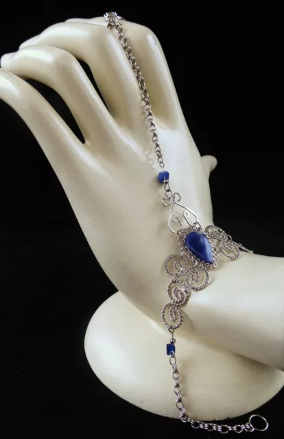 New Lapis Lazuli Stone Alpaca Silver Bracelet with Ring Attached Handmade Peru