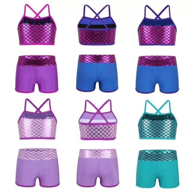 Girls Two Piece Dance Outfit Kids Gymnastics Sport Crop Top+Bottoms Dancewear