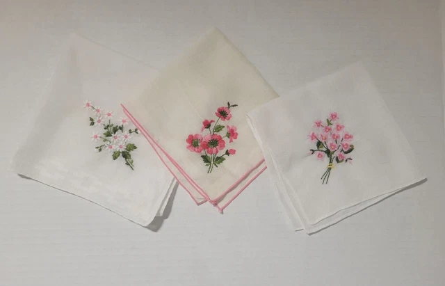 Lot 3 Vintage White Handkerchief Embroidered Pink Flowers Floral Linen Hankies