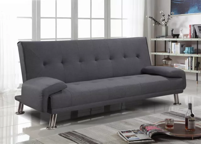 Divano Letto Sofa' 3 Posti Reclinabile Tessuto Grigio Doppio Cuscini -Contrasseg 3