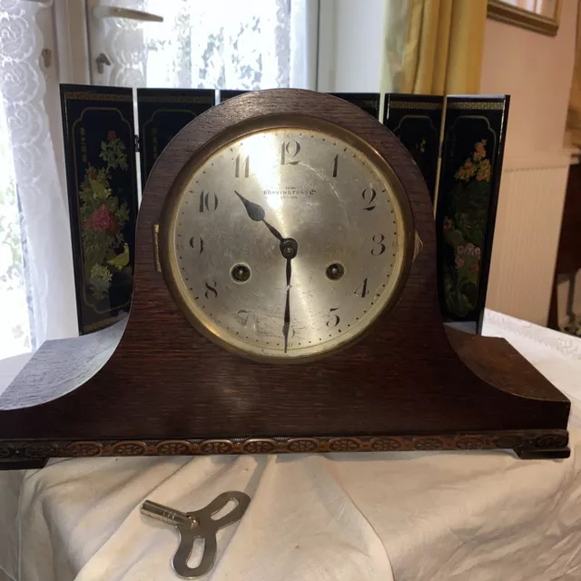 Vintage  Bravingtons  Mantel Clock For Tlc  Napoleon Hat Design Wooden With Key