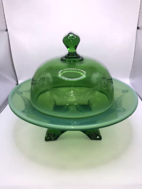 EAPG 1904 Jefferson Glass Green Opalescent Butter Dish READ