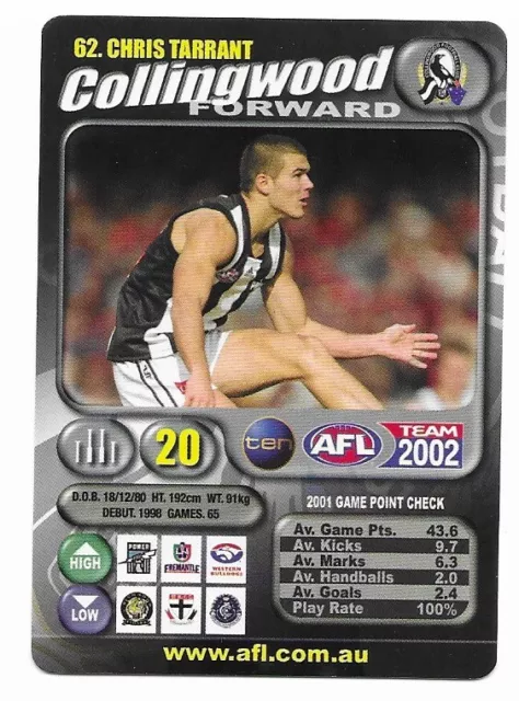 2002 Teamcoach Collingwood Magpies Chris Tarrant # 62 Card Afl