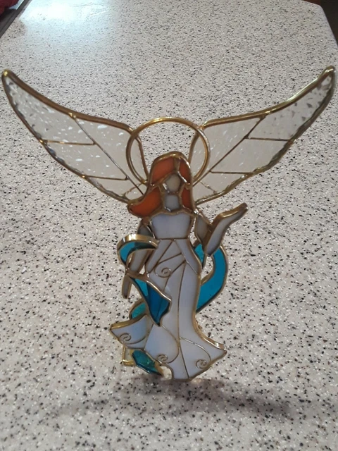 Beautiful 10" Blue/White Stained Glass Angel  Candle Holder with 5 tea lamps.