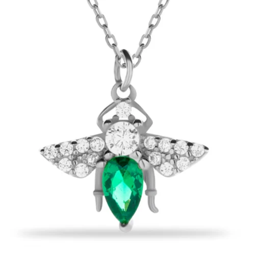 14K White Gold Plated 2Ct Pear Cut Lab Created Green Emerald Honeybee Pendant