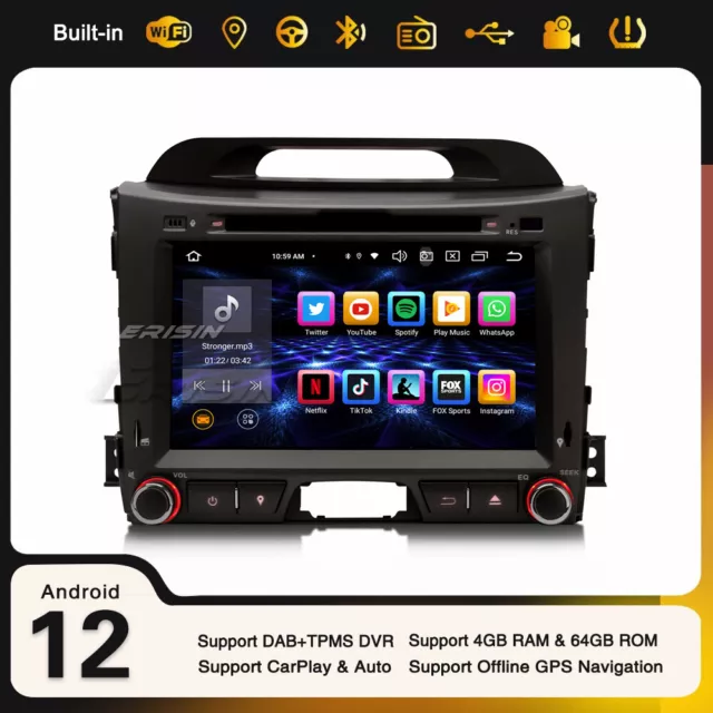 8-Cœur Android 12 Kia Sportage CarPlay AUTO Navi WiFi Bluetooth 4+64Go Autoradio