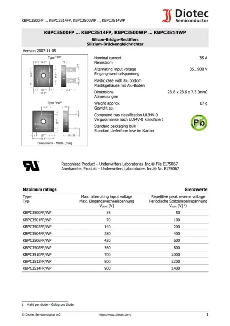 Diotec 35A 280V Gleichrichter KBPC3504WP Draht Brückengleichrichter 093785 2