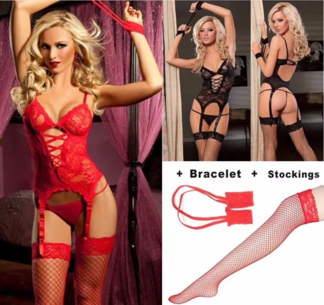 Women Red Sexy Lingerie Lace Babydoll G-String Dress Thong Underwear Sleepwear