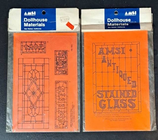 Vintage 1976 AMSI 1:12 Dollhouse Materials Stained Glass Windows 2 Sets 701 702 2