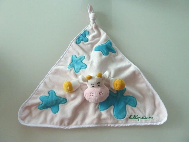 * Doudou Plat Reversible Lilliputiens Vache Grenouille Blanc Bleu Rose Neuf*