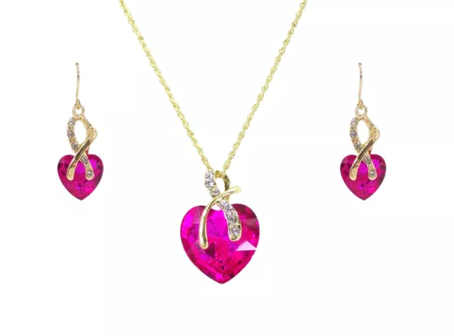 Fuchsia Crystal Heart Pendant Necklace Earring Set with Clear Crystals - NEW