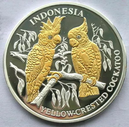 Liberia YELLOW- CRESTED-COCKATOO for Indonesia $10 2005 Gilt Proof Silver