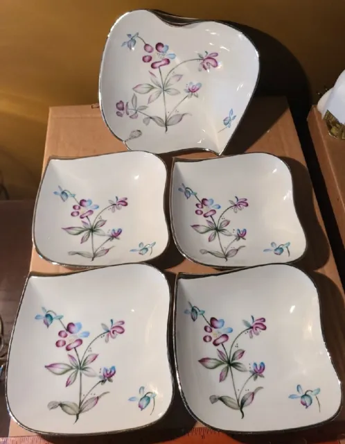 Ucagco Handpainted Flowers Salad Bowl W/4 Serving Bowls/Plates Silver Trim VNTG