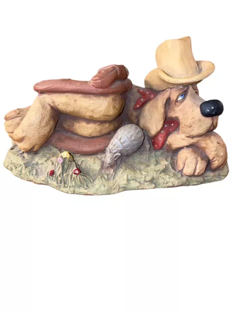 Bloodhound Dog Figurine Western Dog Laying Down w/Cowboy Hat and Pistol *RARE*