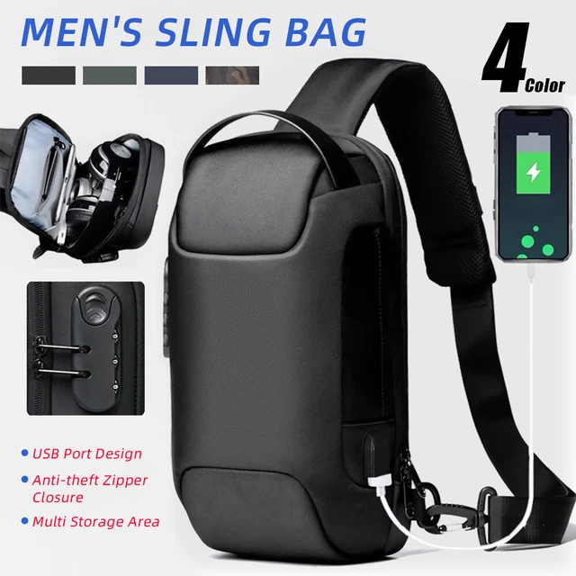 Men's Sling Backpack Waterproof Anti-theft Shoulder Crossbody Chest Bag USB Port