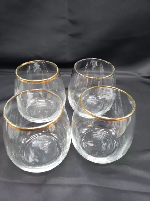 Stemless Wine Glass Goblet Clear W/Gold/Copper Trim ITALY-Set- 4- NEW