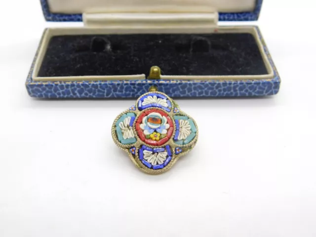 Silver Plated Colourful Floral Form Micro Mosaic Brooch Vintage c1960 Italian