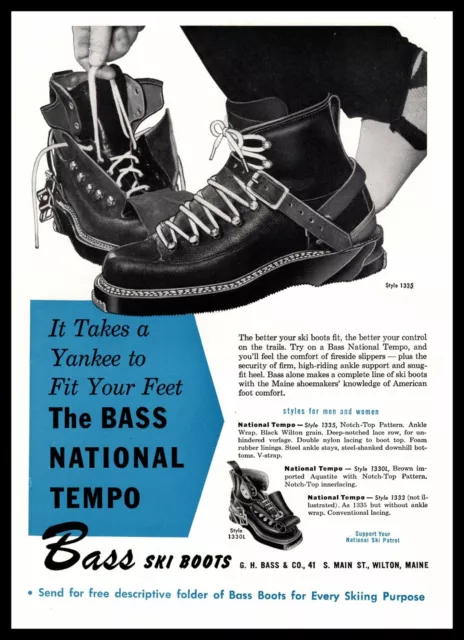 1955 G. H. Bass & Co Wilton Maine National Tempo Snow Ski Boots Vintage Print Ad