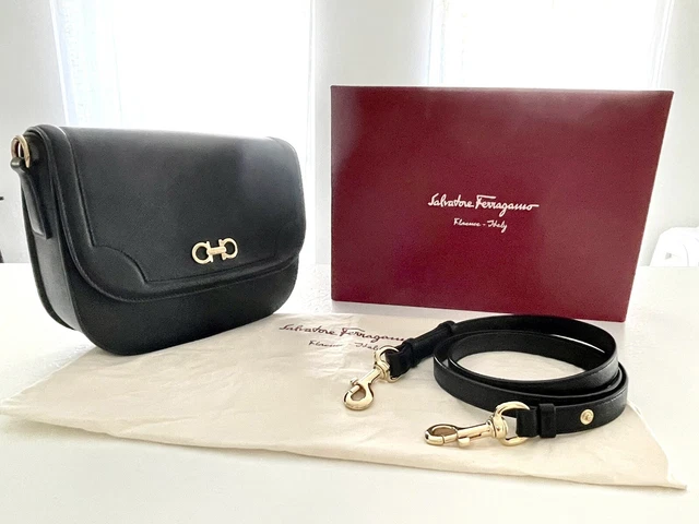 Salvatore Ferragamo Black Leather Gancini Crossbody Purse, Gold Hardware