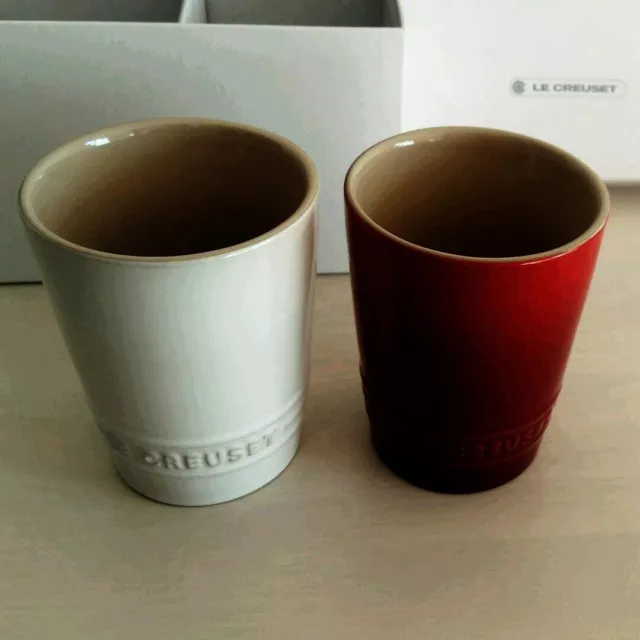 Le Creuset Pair of Short Tumblers Cherry Red & White Luster Color Set Unused
