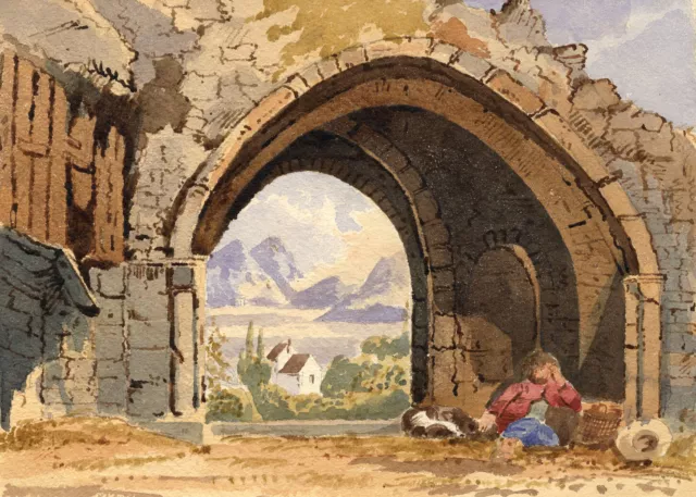 Continental Scene with Resting Peasant – mid-19th-century watercolour painting