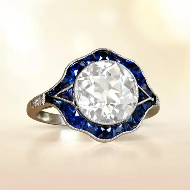 Art Deco Style 2Ct Old European Cut Lab-Created Diamond & Sapphire Silver Ring